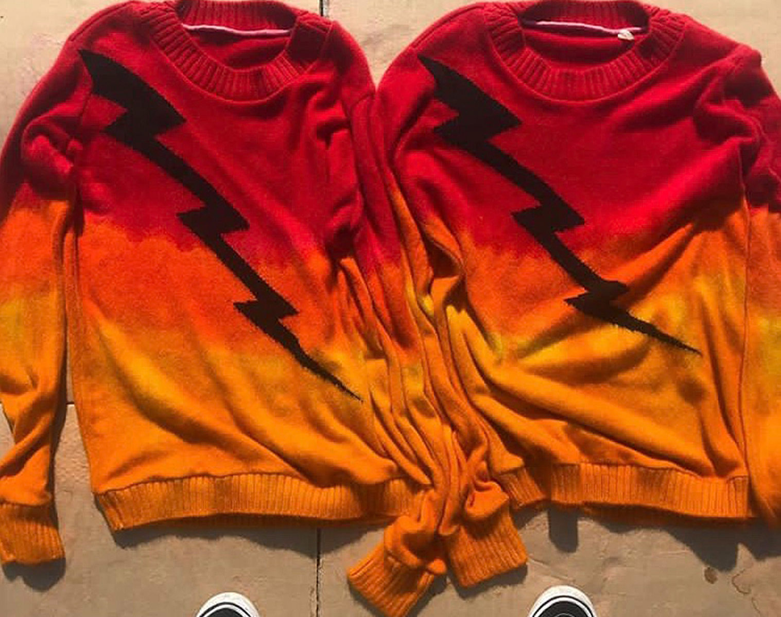 THE ELDER STATESMAN Intarsia Gradient Dyed Front Painted Lightning Bolt Sweater 1